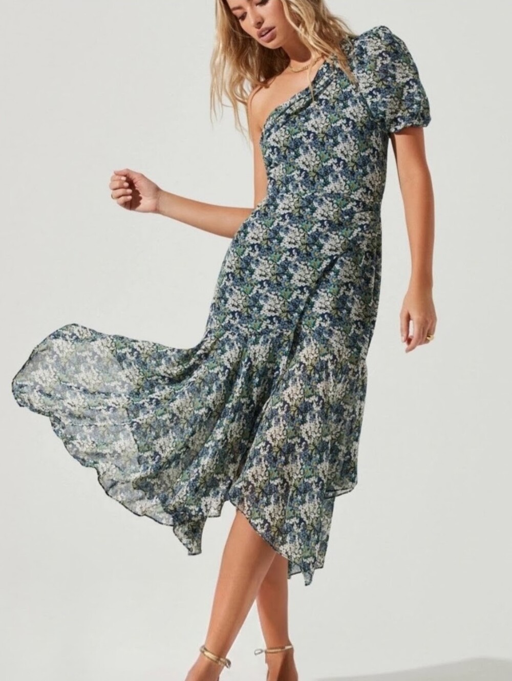 ASTR Santorini One Shoulder Midi Dress in Dark Blue